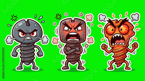 Cartoon Screws Displaying Anger and Frustration on Green Background.