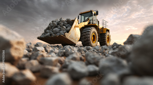 Wheel loader carrying rocks in quarry during sunset light