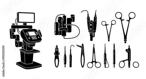 Black and white illustration of medical devices and surgical instruments.