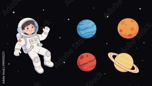Cartoon astronaut in space with planets