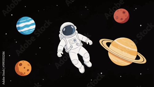 Astronaut floating in space with planets