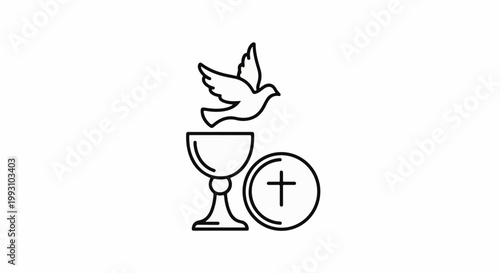 A holy communion symbol of a chalice, bread, and dove