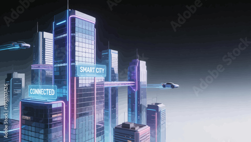 Futuristic smart city with flying cars