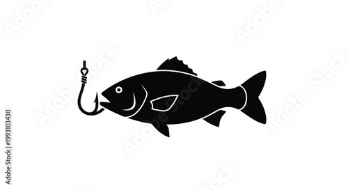 Black fish caught on a fishing hook icon vector graphic