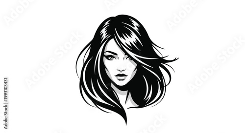 Black and white illustration of a womans face with long hair
