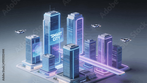 Futuristic smart city with flying vehicles