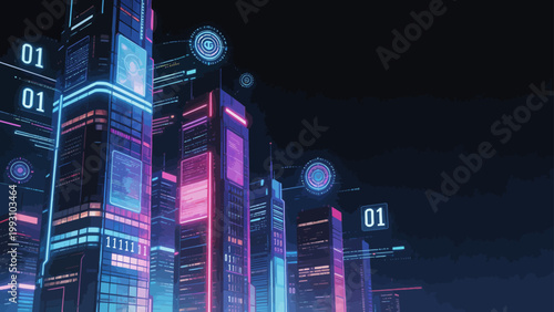 Futuristic cityscape with neon lights