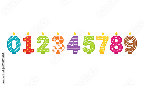 Numbered birthday candles set from 0 to 9 with lit flames