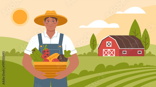 Happy farmer holding a basket full of fresh organic vegetables in a beautiful rural landscape with a red barn