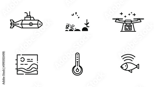 Underwater Exploration Icons: A collection of meticulously crafted icons portraying various tools and technologies used for underwater exploration, revealing the depths of the ocean.