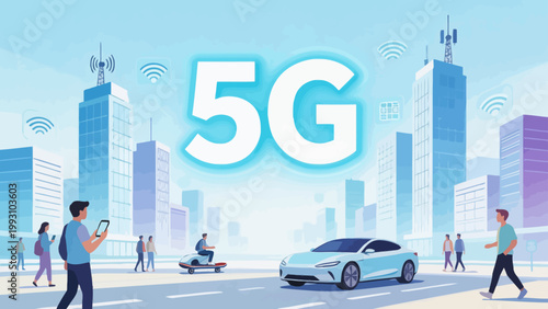 5G city with people and vehicles