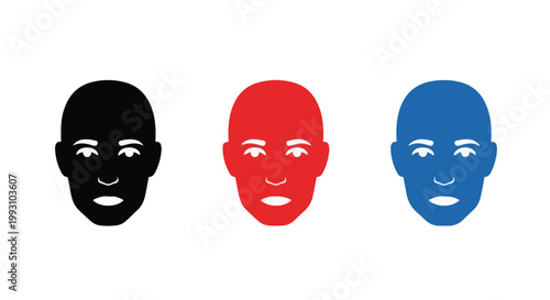 Colorful vector illustration of three bald male faces in black, red, and blue