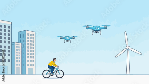 Man cycling with drones and wind turbine
