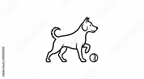A line drawing of a dog standing next to a ball