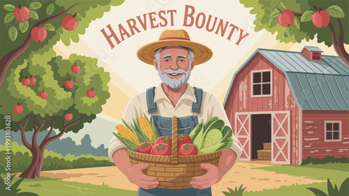 Smiling farmer holding a basket overflowing with fresh vegetables and fruits in front of a barn and apple trees