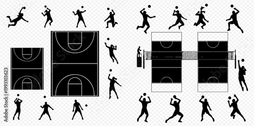 Basketball and Volleyball Players Silhouettes with Court Layouts Set.