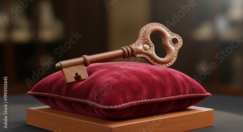 Ornate antique key with leather handle resting on plush red velvet cushion on wooden pedestal