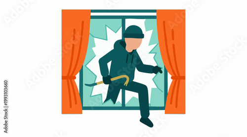 Burglar with crowbar breaking into house through shattered window