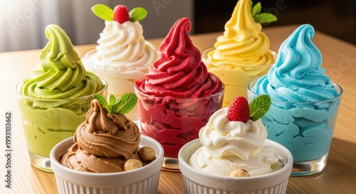 A delightful array of desserts, each boasting a unique color and flavor, set against a backdrop of vibrant hues and intricate designs.