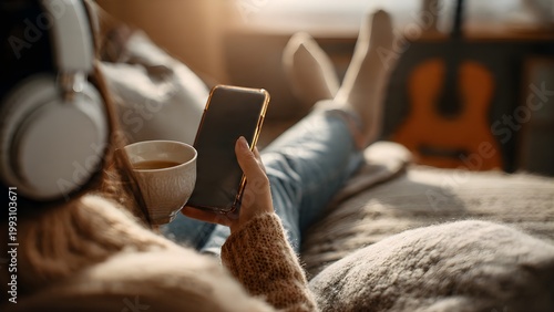 Relaxing at home with coffee, music, and phone.