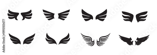 Wings icons set. Flying, bird, angel, flight. Wing symbol on white background - stock vector.