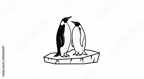 Two penguins standing on an ice floe, black and white illustration
