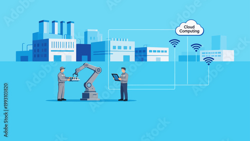 Industrial workers with robotic arm and cloud tech