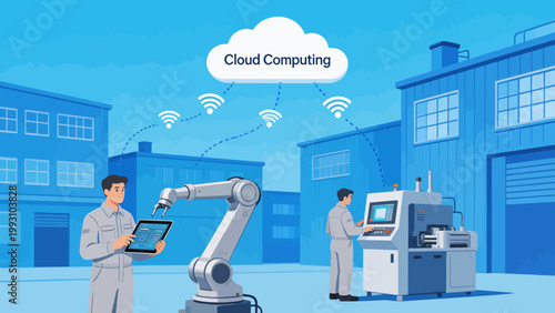 Industrial workers with robotic arm and cloud tech