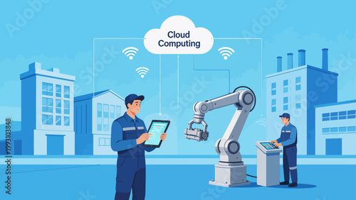 Two workers operating robotic arm with cloud computing