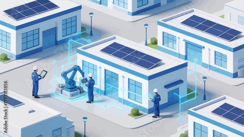 Workers with robotic arm and solar panels