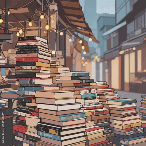 Stacked Books in Urban Night Market Setting