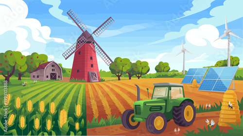 Vibrant cartoon farm scene showcasing sustainable energy sources and traditional agriculture with a tractor
