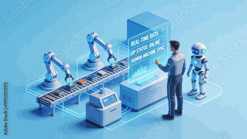 Human and robot in automated factory