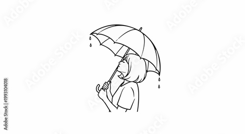 Woman with umbrella in rain, simple black and white line art drawing