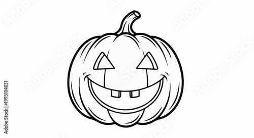 A black and white outline drawing of a carved Halloween pumpkin with a smiling face