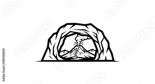 Volcano erupting from a cave entrance under rock formations