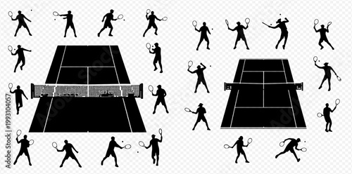 Tennis Player Silhouettes and Court Views Vector Illustration Set.