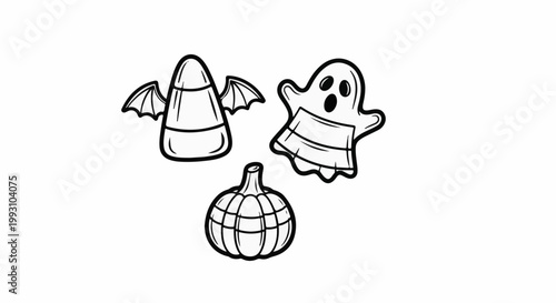 A black and white illustration of three Halloween icons a candy corn with wings, a ghost, and a pumpkin