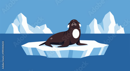A seal rests on an iceberg with icebergs in the background