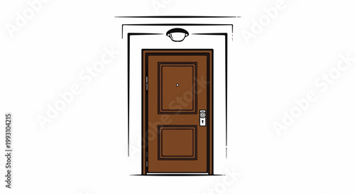 A simple brown, two-panel door with a peephole and doorknob