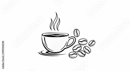 A steamy cup of coffee with scattered beans, in a minimalist style