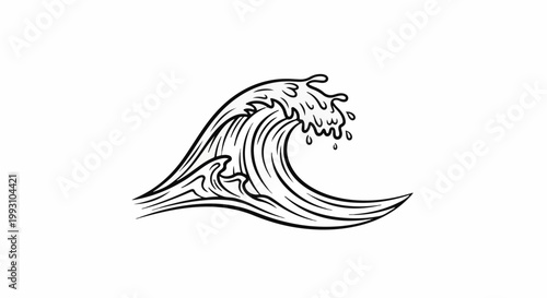 Black and white sketch of a crashing ocean wave with foam