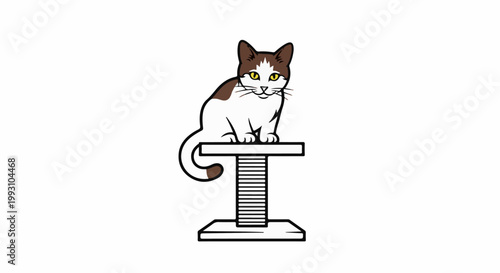 Brown and white cat sits on a scratching post