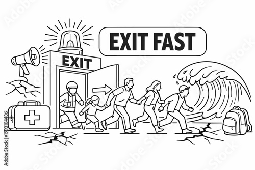 Emergency Evacuation Safety. Clean outline banner scene of disaster evacuation and rescue: people exiting through emergency doorway across full canvas,