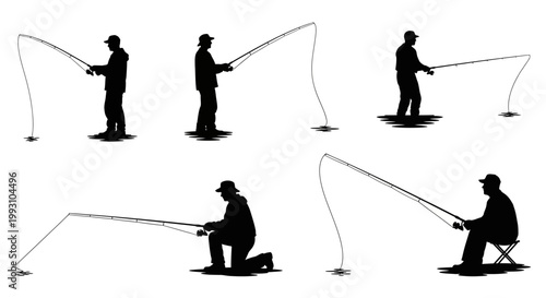 Fisherman silhouettes in various poses on white background