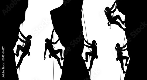 Silhouettes of climbers scaling a rock face on a white background