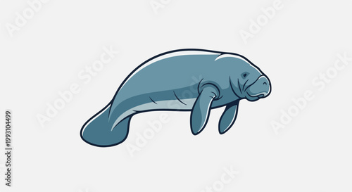 Cartoon illustration of a gentle, blue-gray marine mammal with flippers