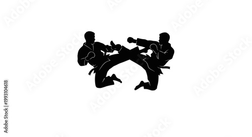 Karate fighters in silhouette clash mid-air with dynamic kicks