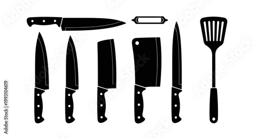 Collection of black kitchen knives and spatula silhouettes