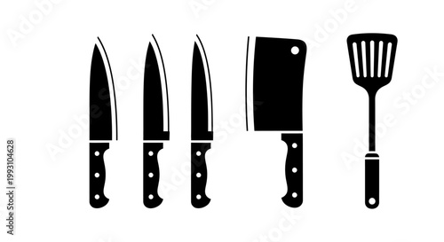 Black kitchen knives and spatula icons on white background